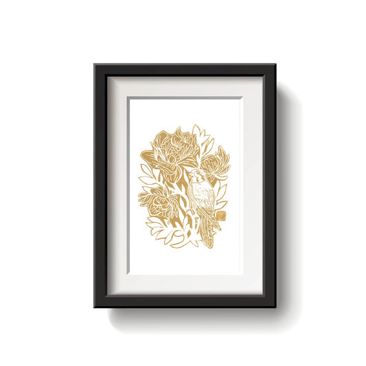 Kestrel Lino Print in Gold by Emily Ciecka