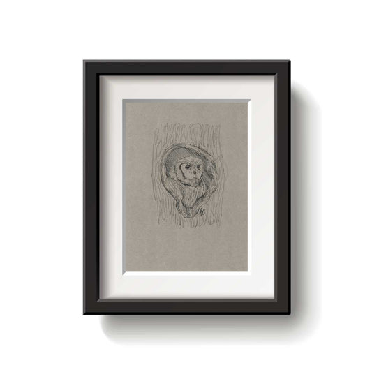 A framed bird drawing on a white background.