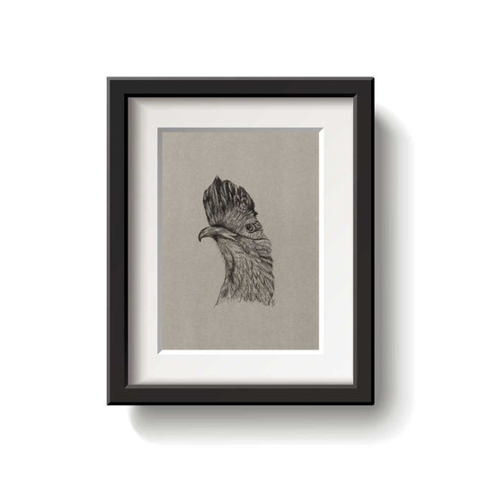 Framed artwork of a rooster's head on a beige background