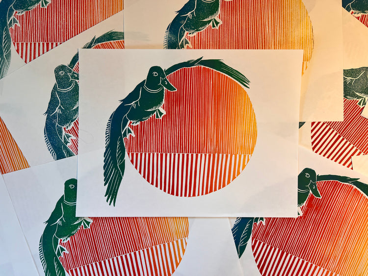 Flying Duck Lino Print by Emily Ciecka