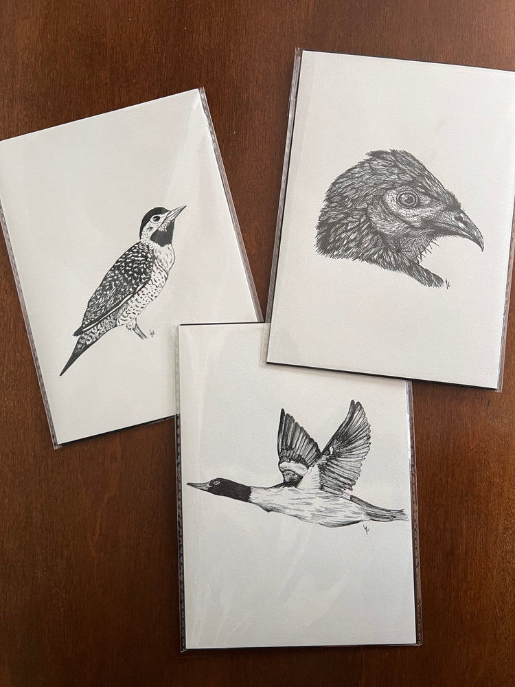 Four drawings with black and white bird illustrations on a wooden surface
