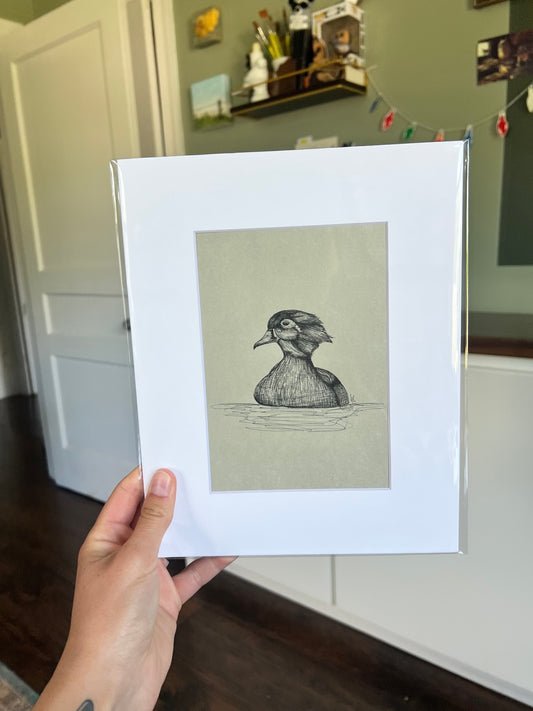 A hand holding a framed bird drawing.
