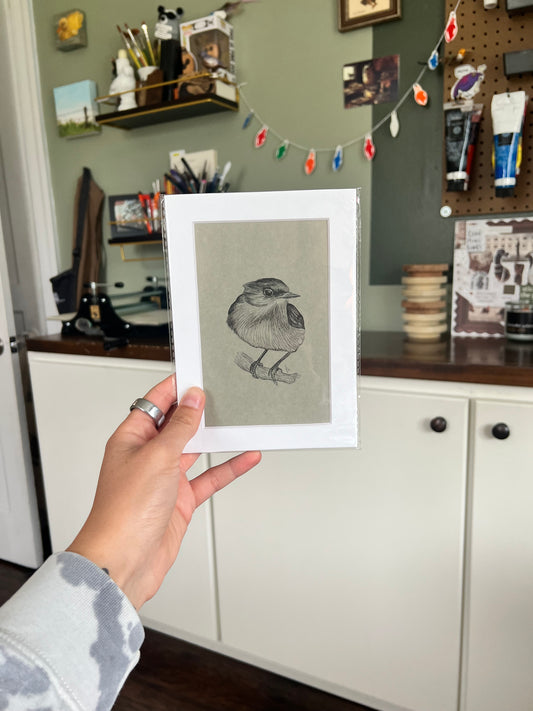 A hand holding a matted bird drawing.