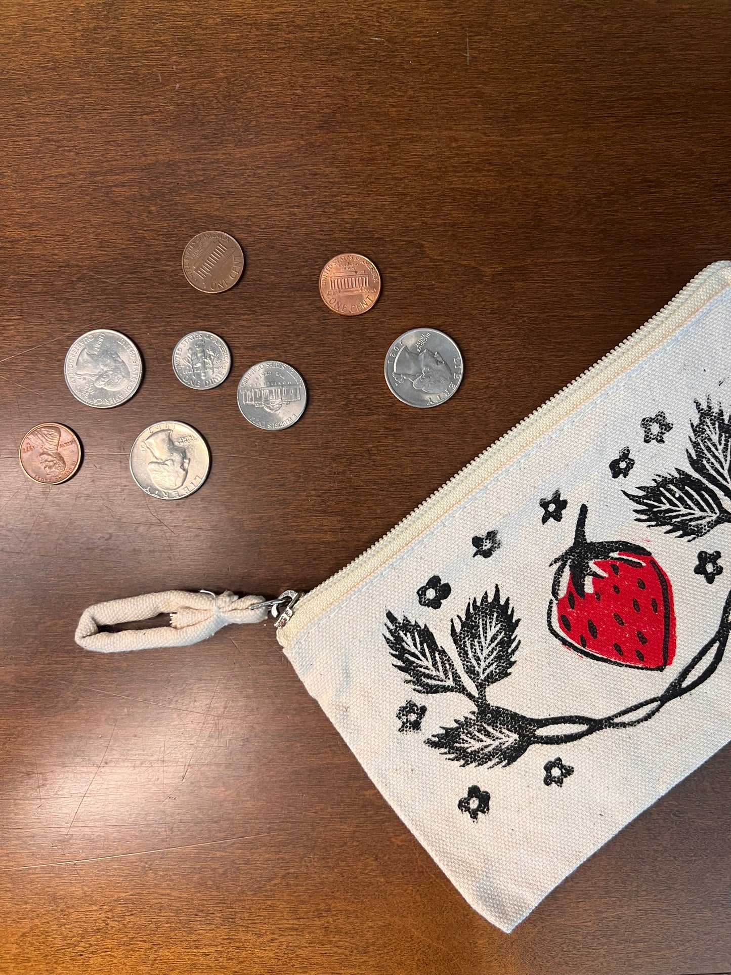Strawberry Lino Print Coin Purse by Emily Ciecka