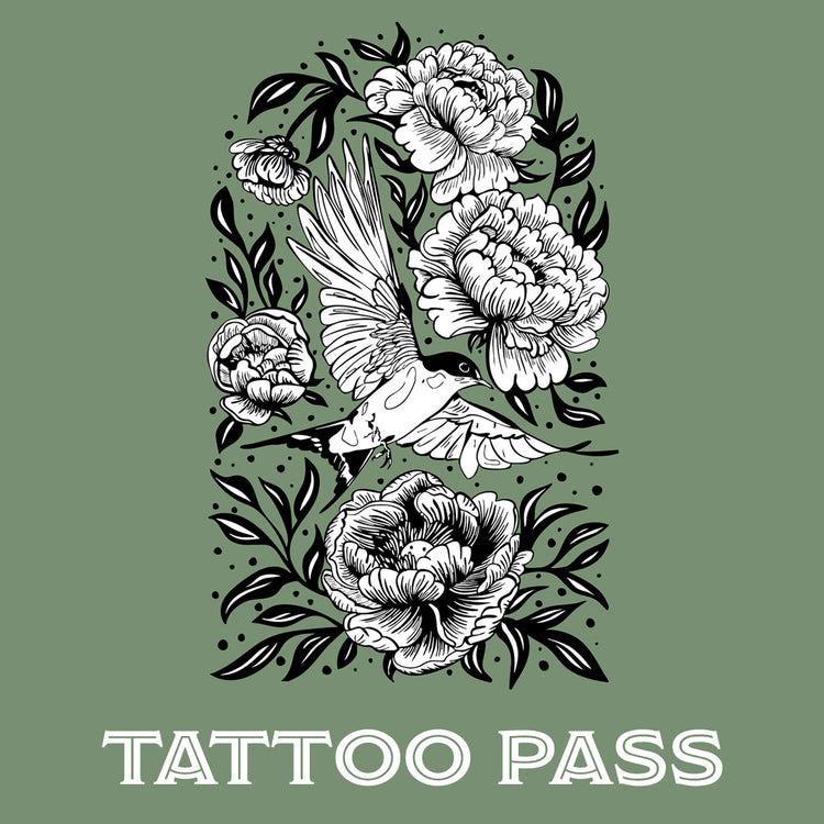 Decorative design with a bird and flowers on a green background, featuring the text 'Tattoo Pass'.