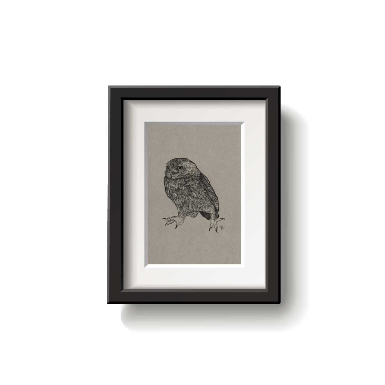 A framed bird drawing on a white background.