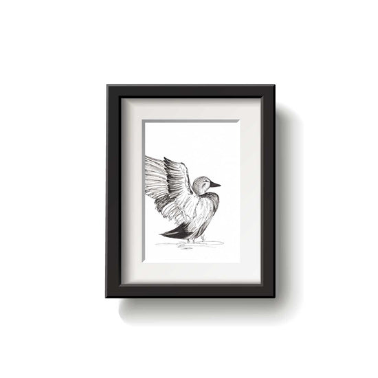Framed black and white illustration of a bird on a white background