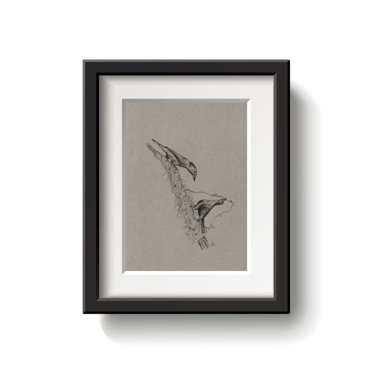 A framed bird drawing on a white background.