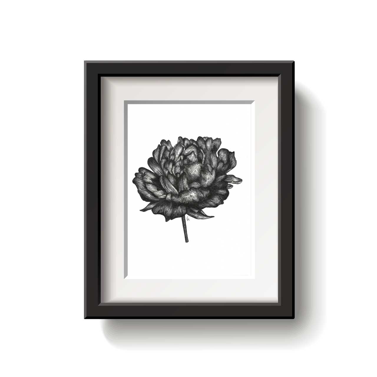 Framed black and white floral artwork on a white background