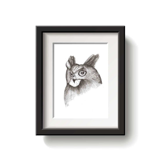 Framed black and white drawing of a great horned owl head on a white background