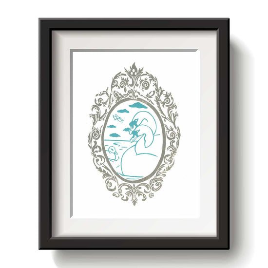 Framed artwork with a decorative baby Swan and two adult Swans design blue ink on a white background