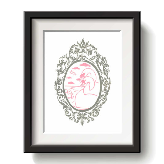 Framed artwork with a decorative baby Swan and two adult Swans design pink ink on a white background