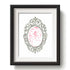 Framed artwork with a decorative baby Swan and two adult Swans design pink ink on a white background