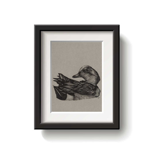 Framed artwork of a duck on a beige background