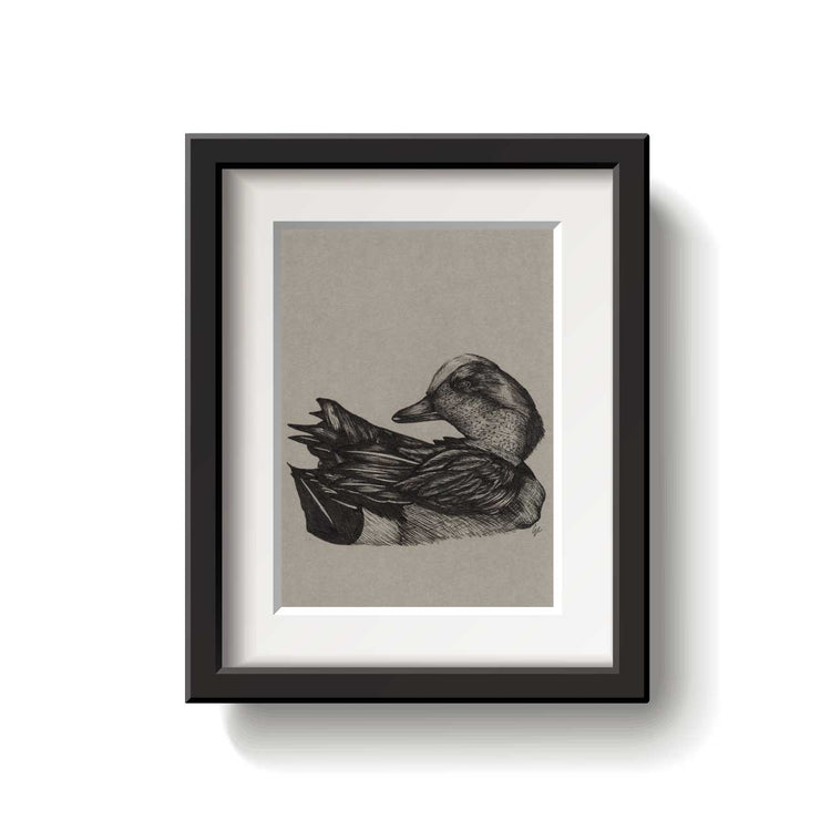 Framed artwork of a duck on a beige background