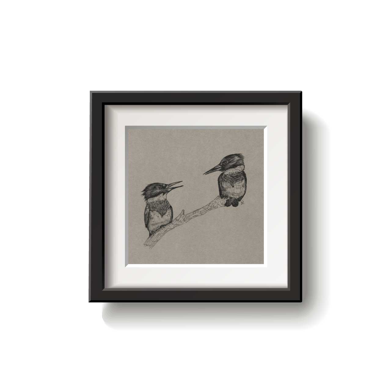 A framed bird drawing on a white background.