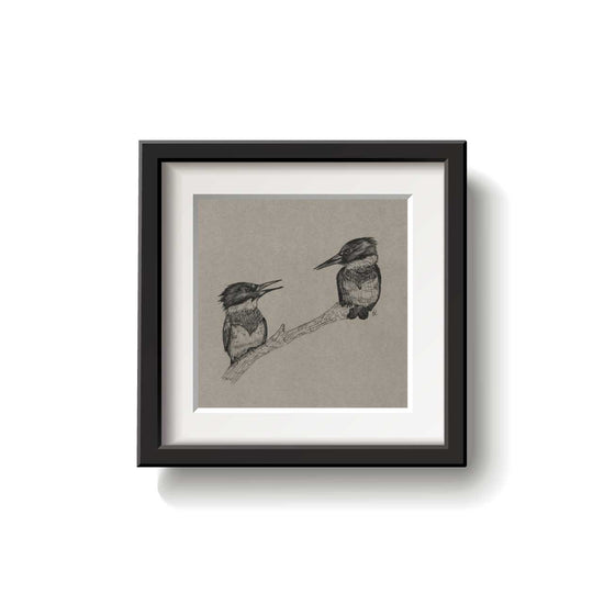 A framed bird drawing on a white background.