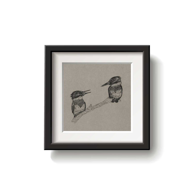 A framed bird drawing on a white background.