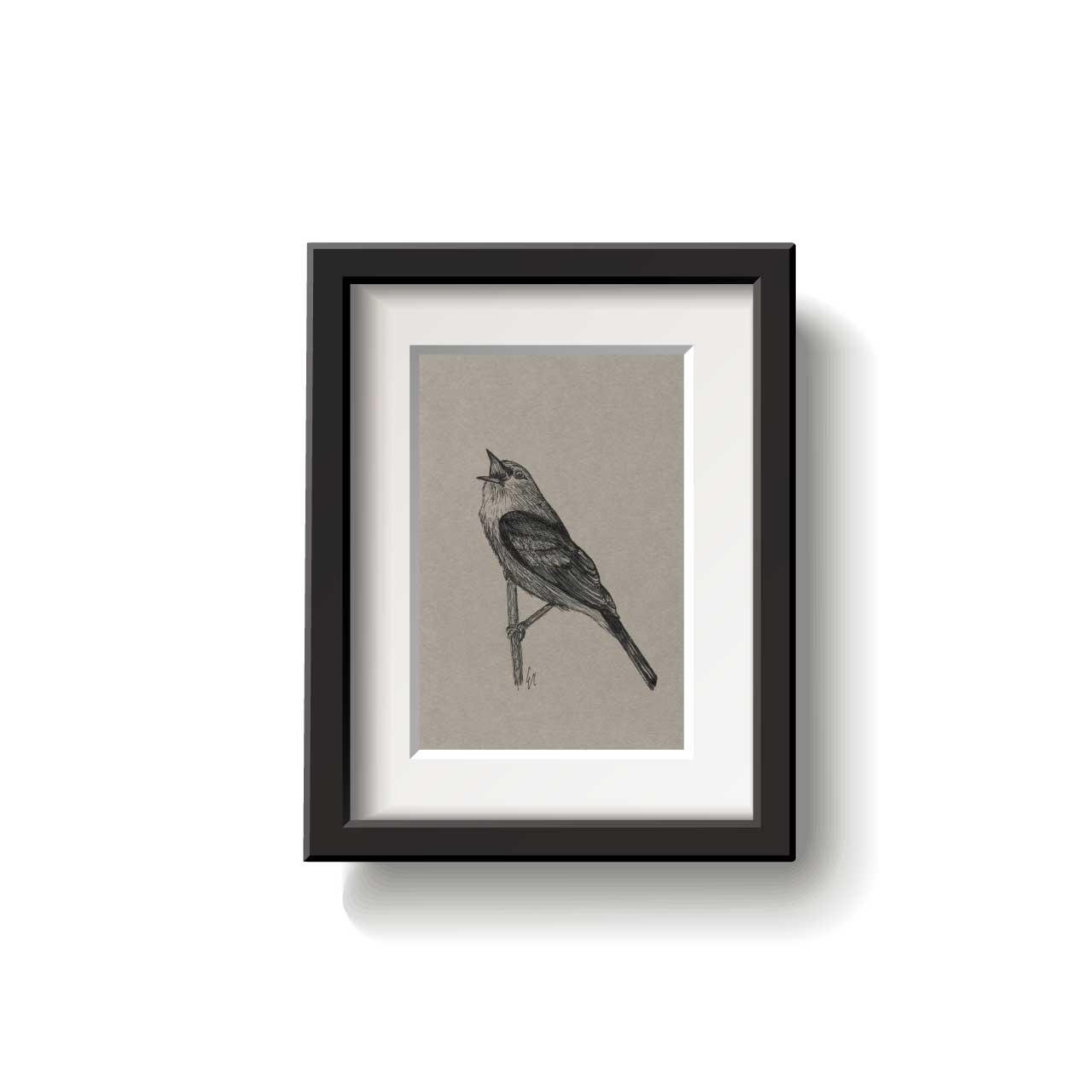 A framed bird drawing on a white background.
