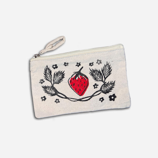 Strawberry Lino Print Coin Purse by Emily Ciecka