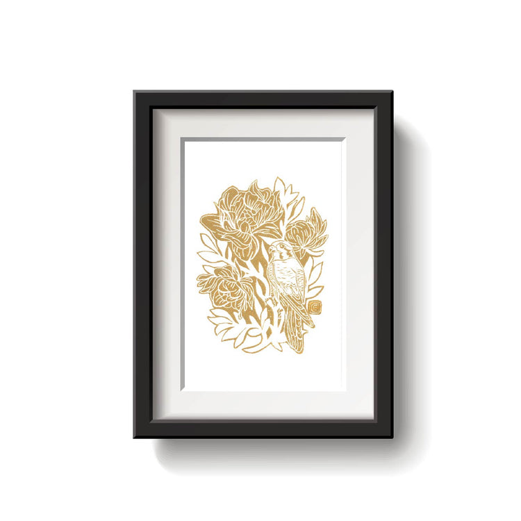 Kestrel Lino Print in Gold by Emily Ciecka