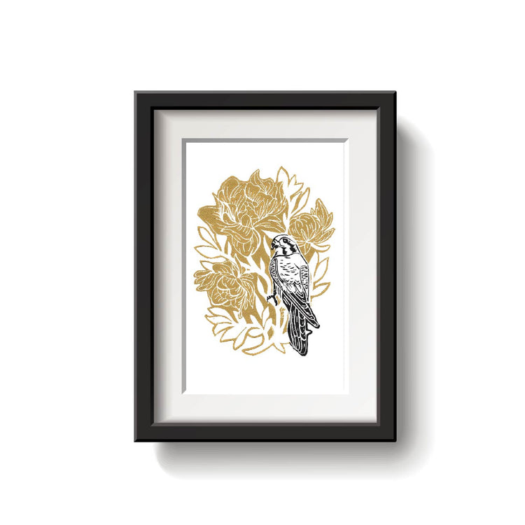 Kestrel Lino Print in Gold and Black by Emily Ciecka