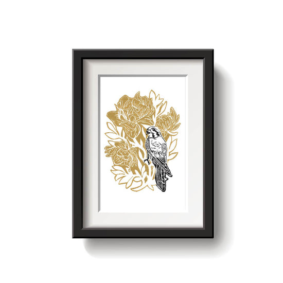 Kestrel Lino Print in Gold and Black by Emily Ciecka