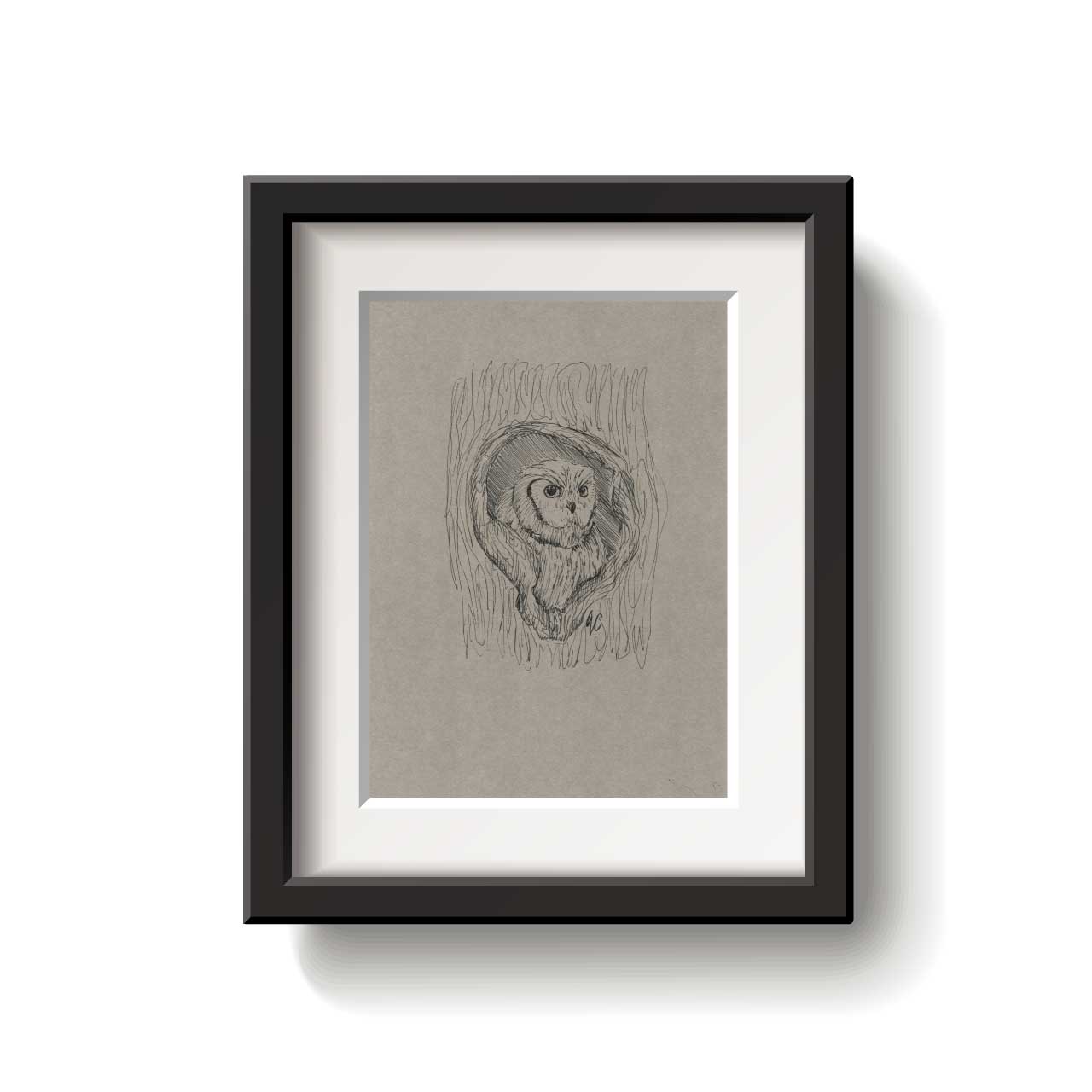 A framed bird drawing on a white background.