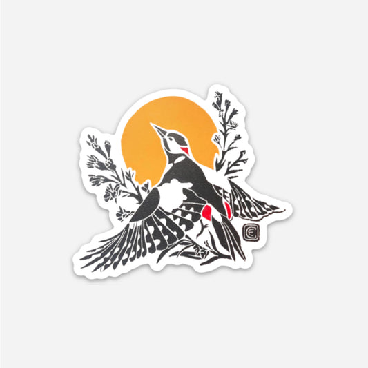 Flying Woodpecker Lino Print Sticker by Emily Ciecka