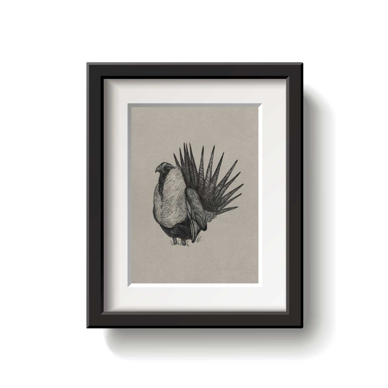 A framed bird drawing on a white background.