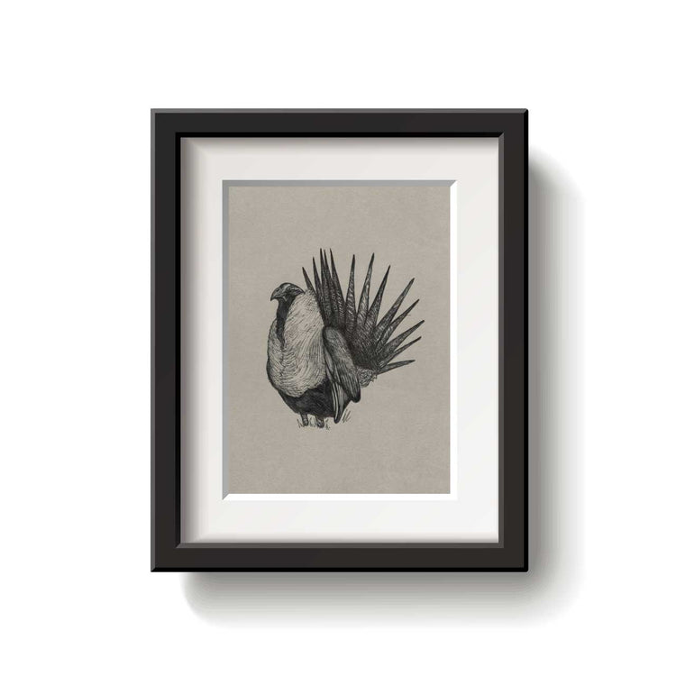A framed bird drawing on a white background.