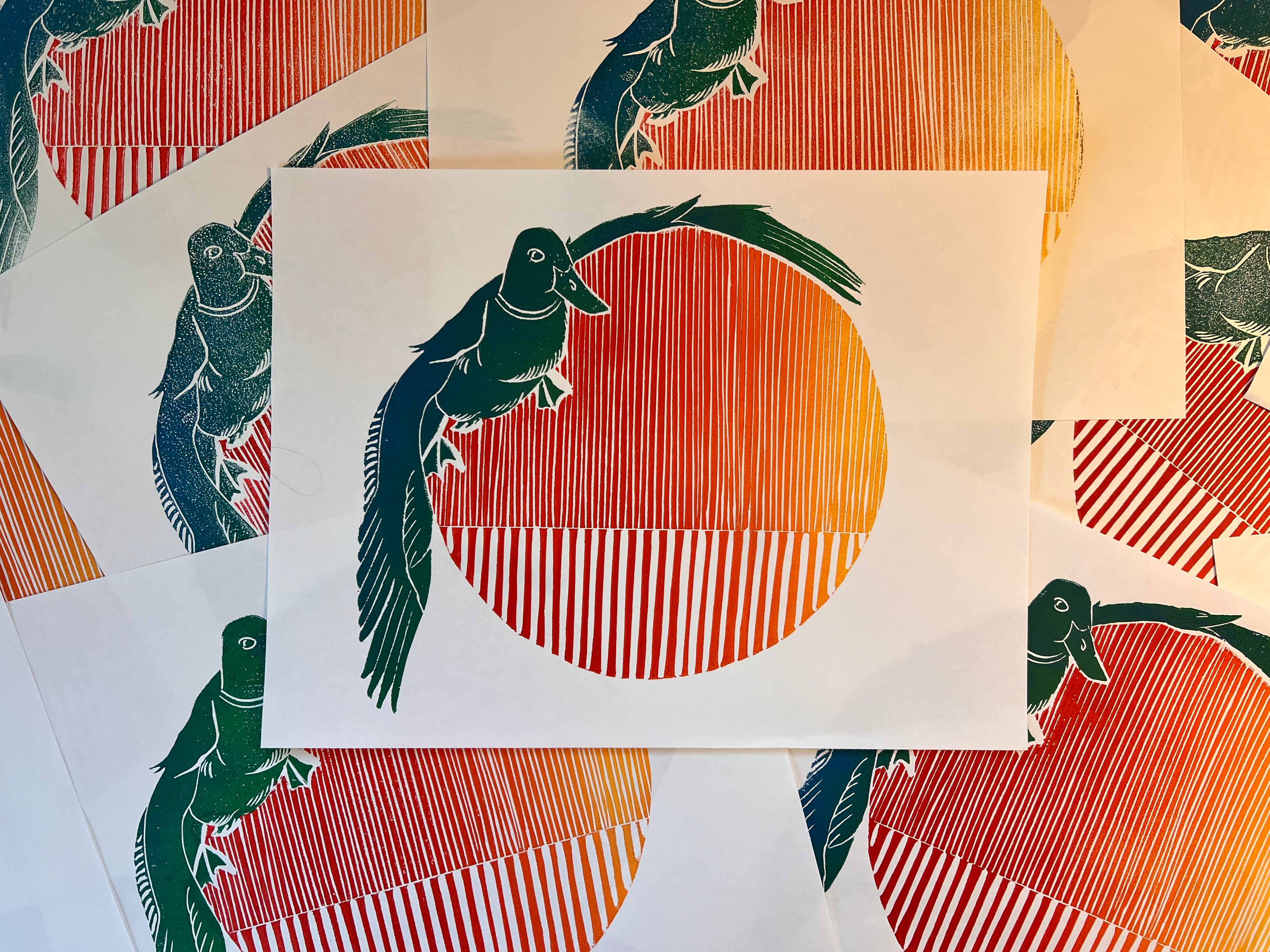 Flying Duck Lino Print by Emily Ciecka