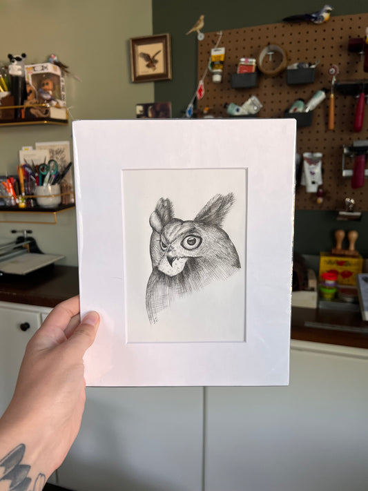 Matted illustration of a bird held by a person in a workshop setting