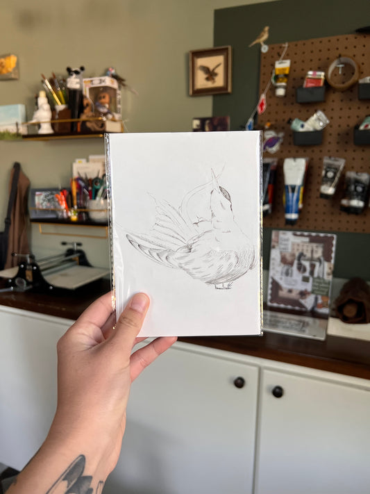 Matted illustration of a bird held by a person in a workshop setting