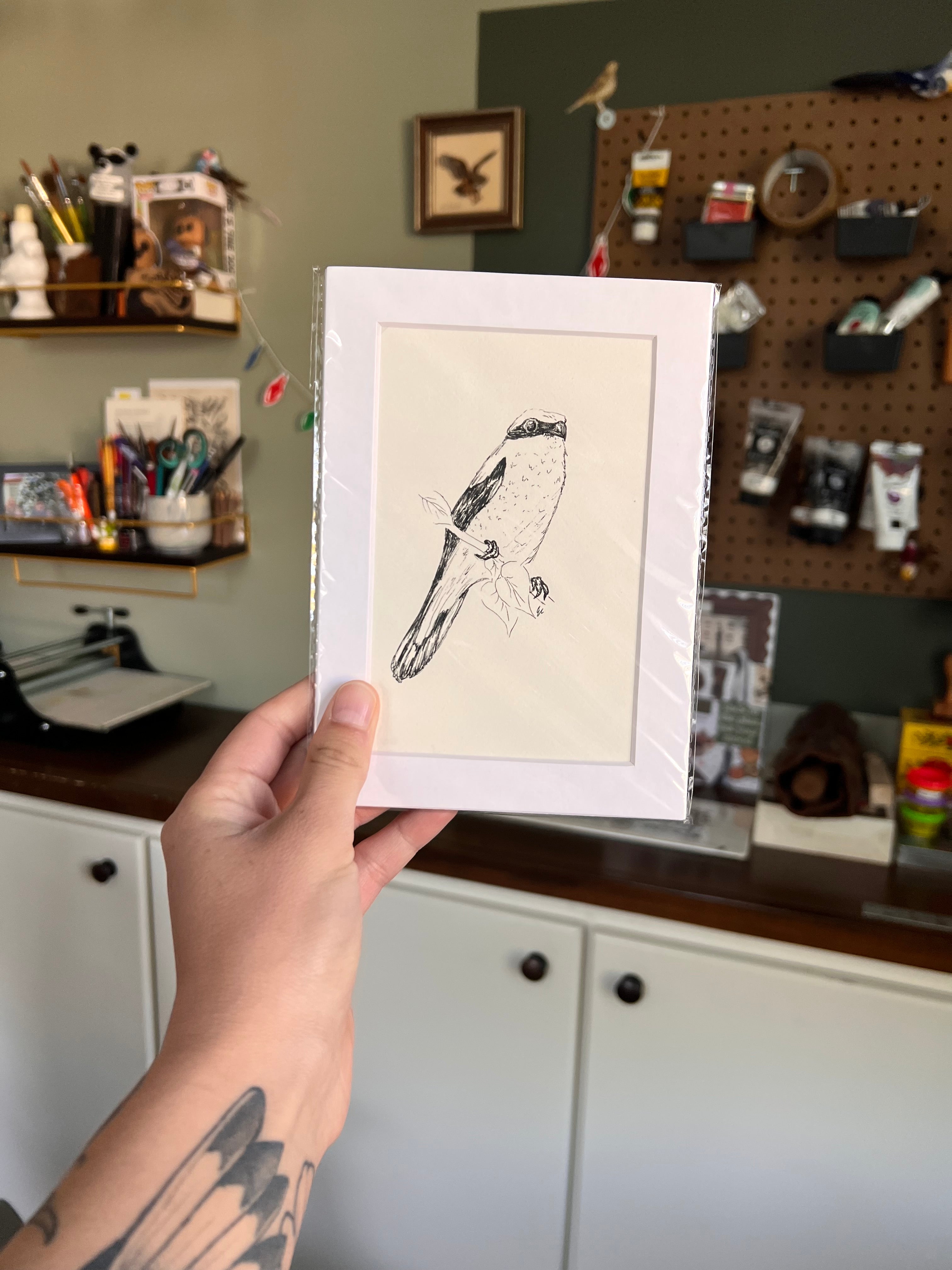 Matted illustration of a bird held by a person in a workshop setting