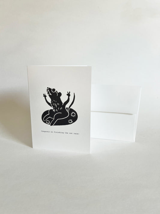Greeting card with a black rat in an inter tube illustration on a white background