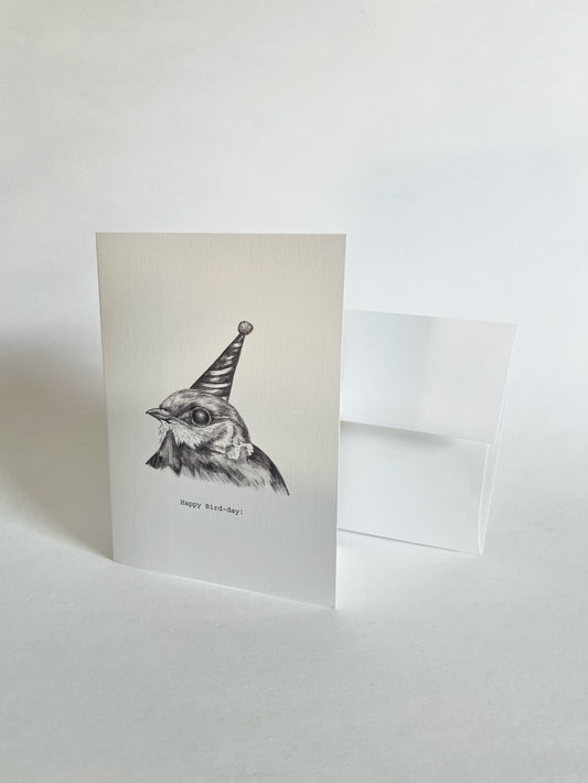 Greeting card with a bird wearing a party hat and 'happy birthday' text, on a white background.