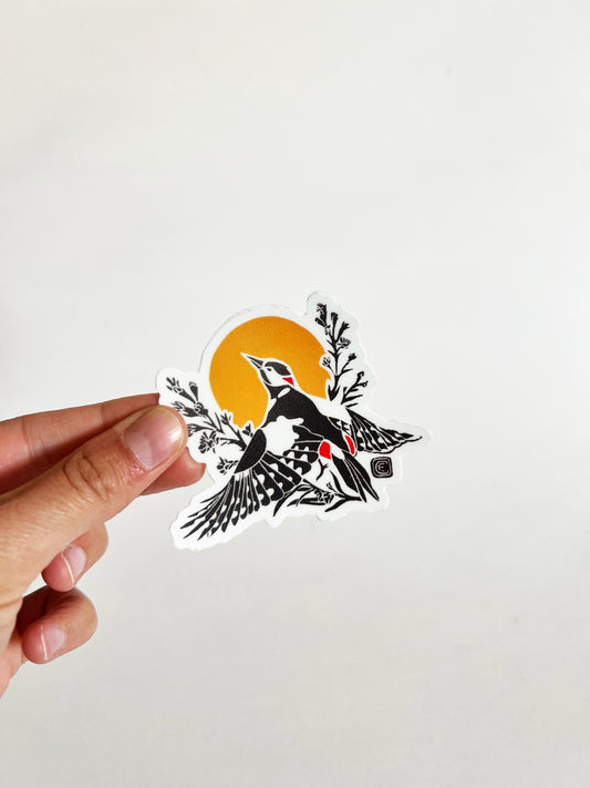 Hand holding a sticker of a woodpecker with a sun in the background on a white background