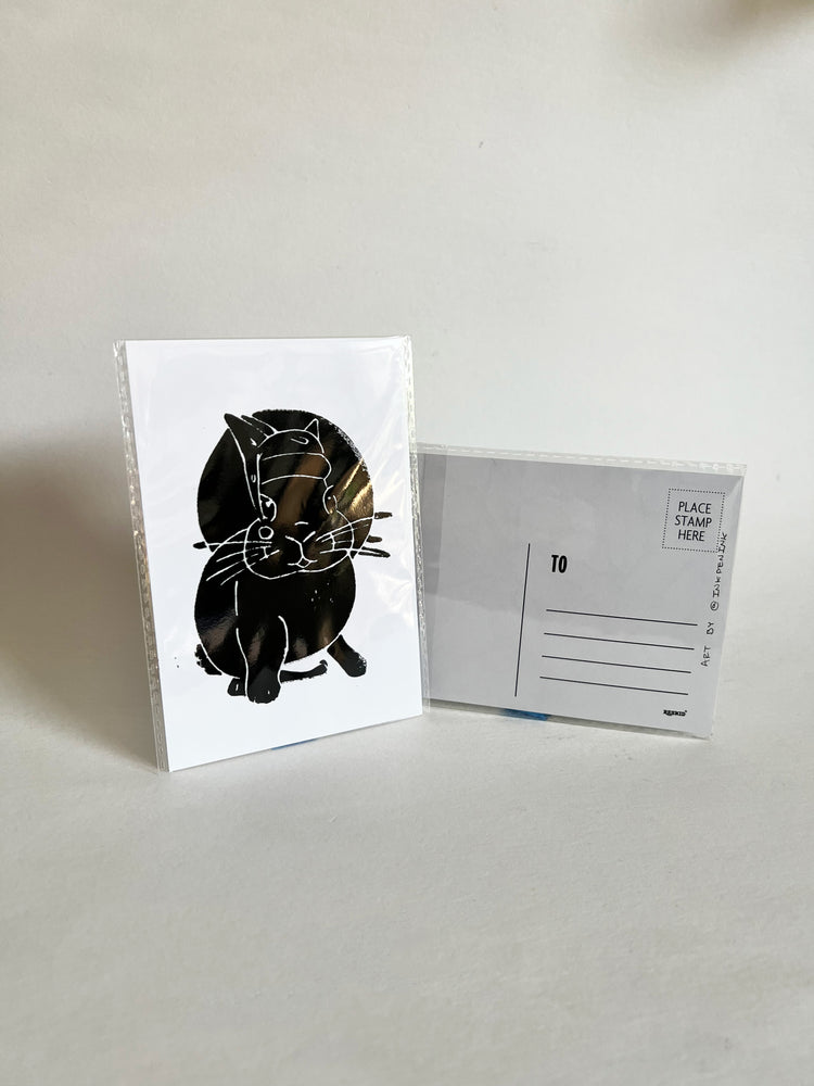 Greeting card with black bunny with a hat illustration on white background