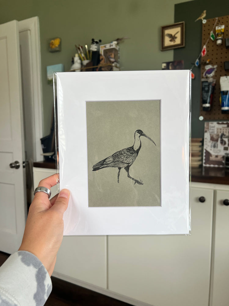 A hand holding a matted bird drawing.