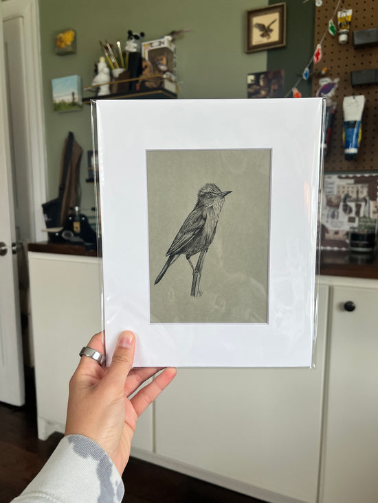 A hand holding a matted bird drawing.