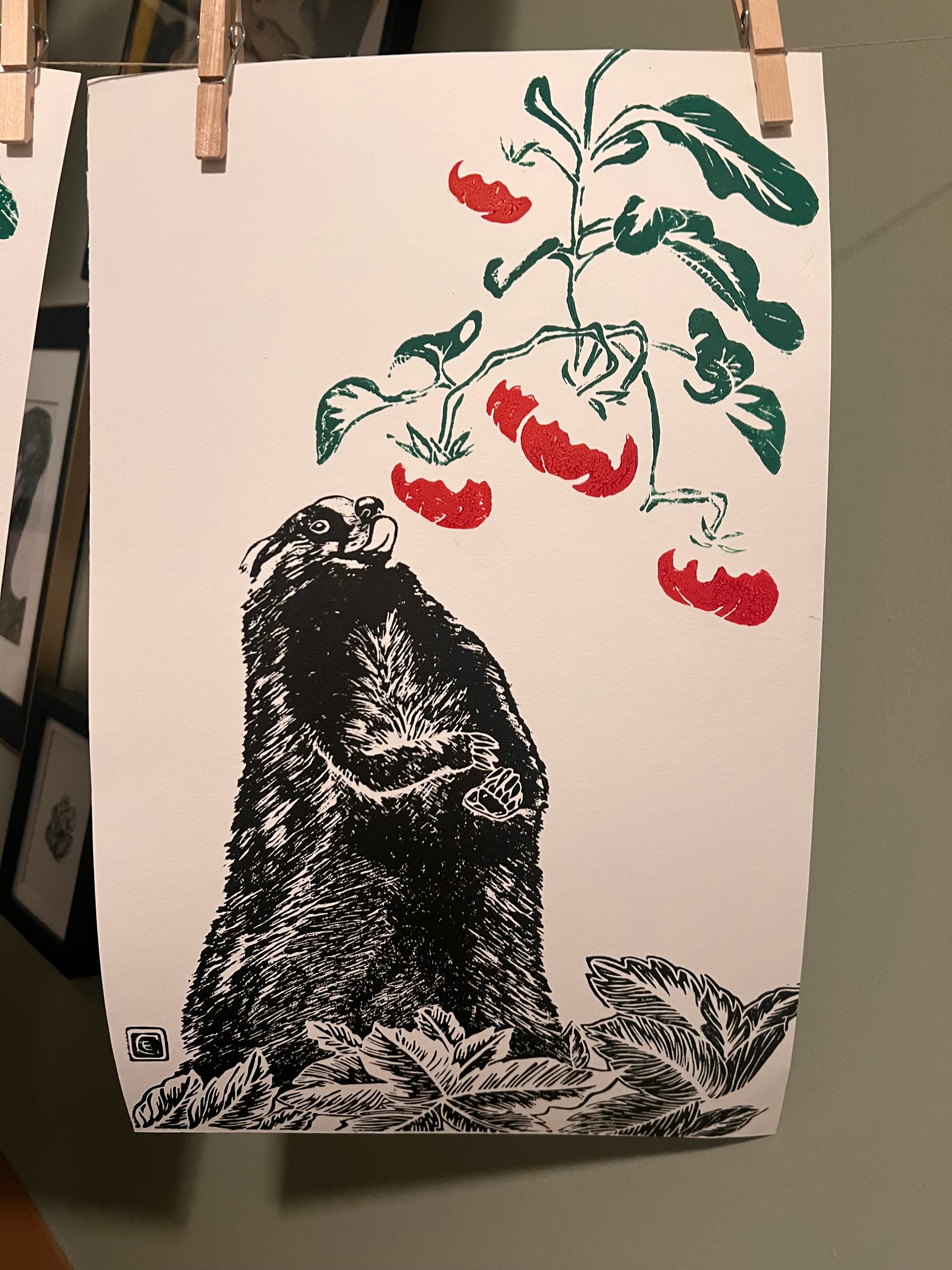 Honey Badger Lino Print by Emily Ciecka