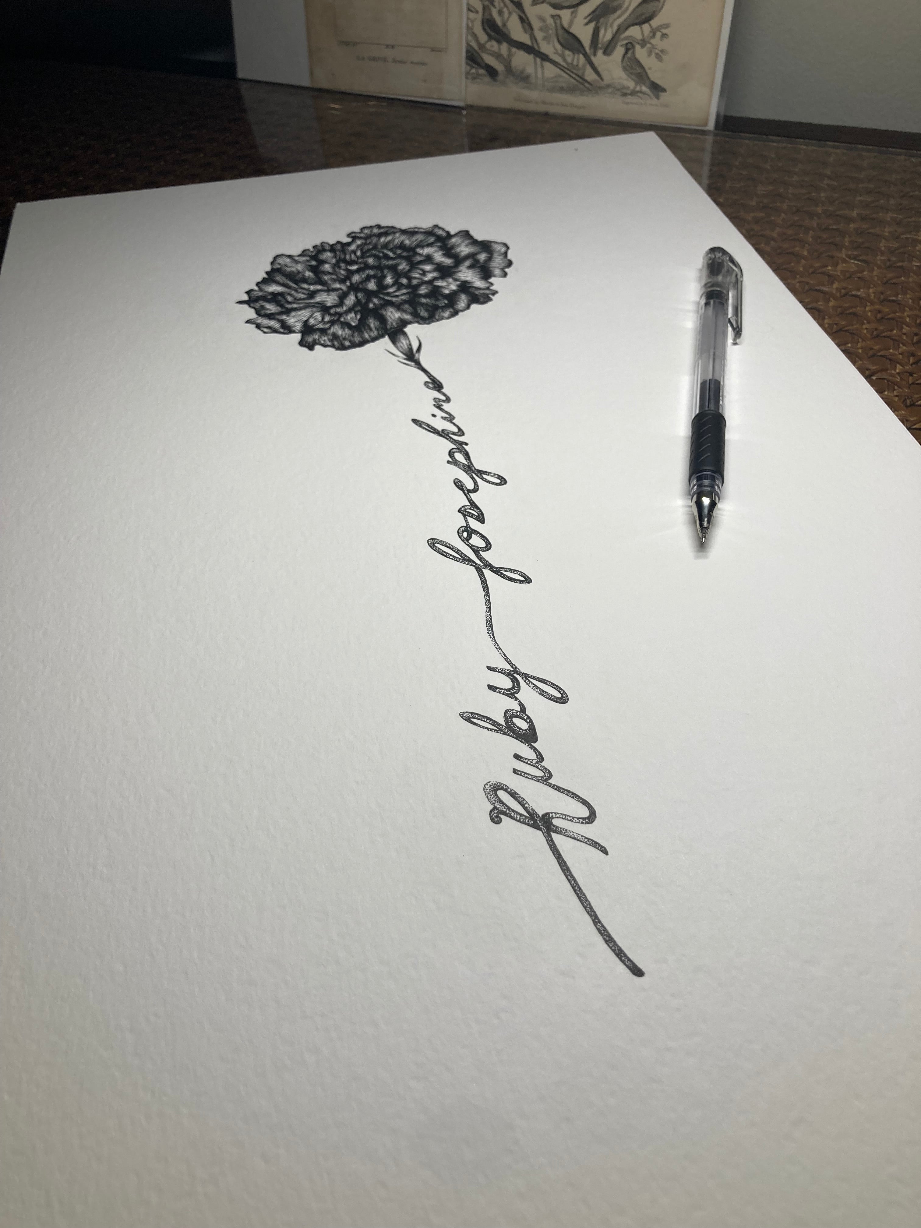 Custom commissioned drawing of flower with baby's name in the stem by Emily Ciecka