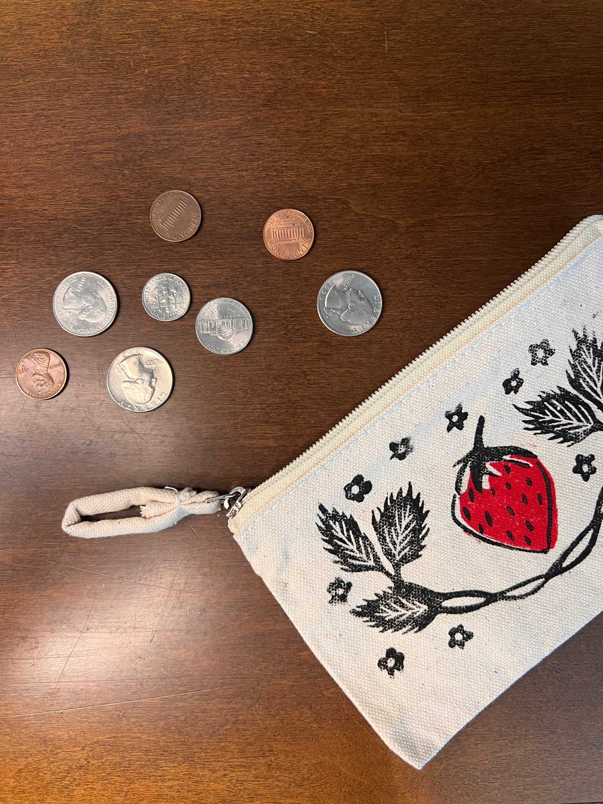 Strawberry Lino Print Coin Purse by Emily Ciecka