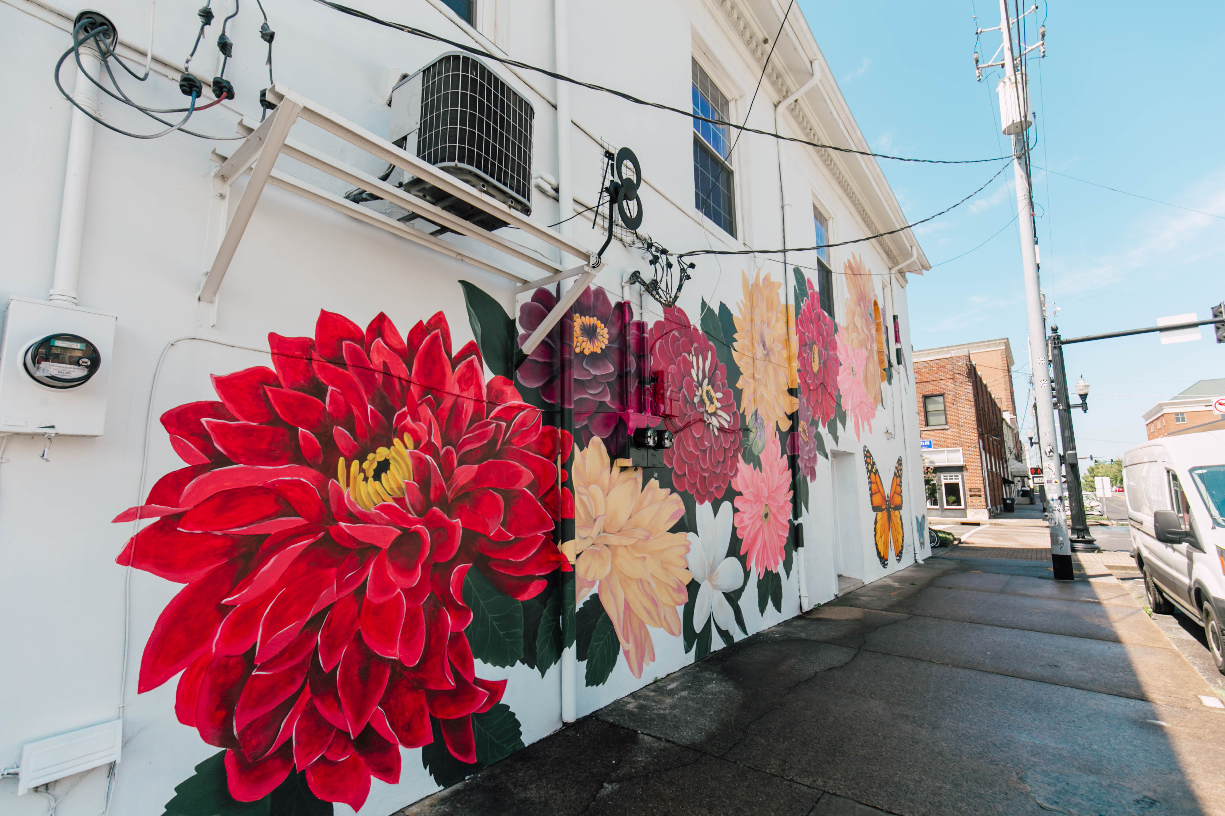Mural of colorful flowers on a building wall with a street scene in the background.