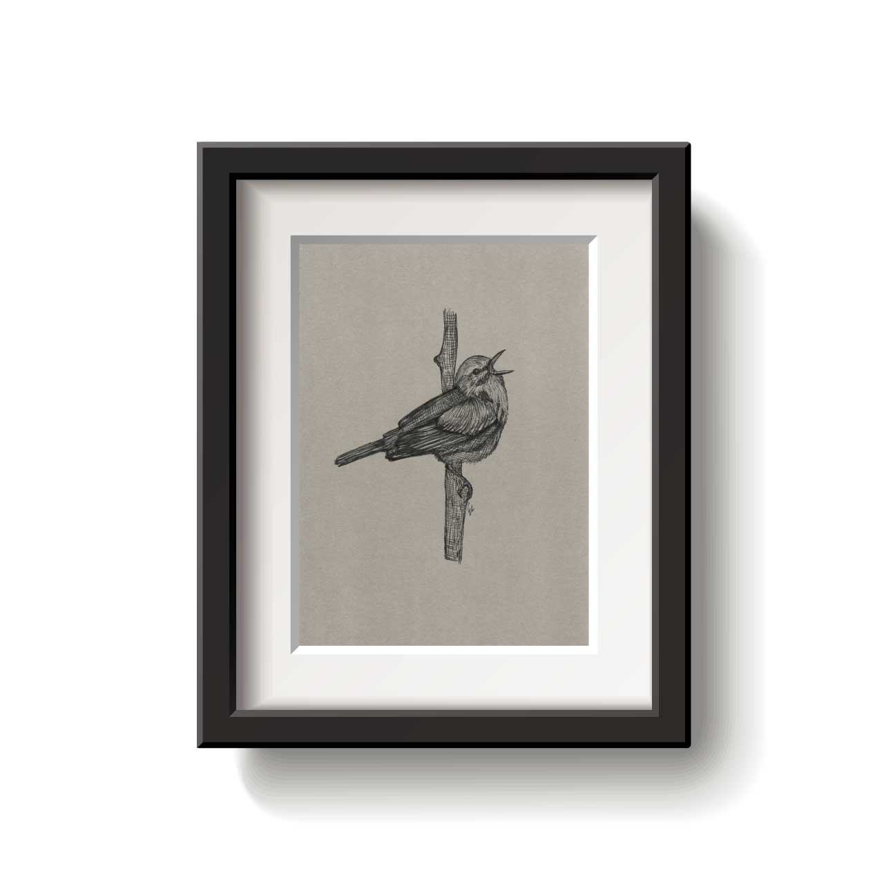 A framed bird drawing on a white background.