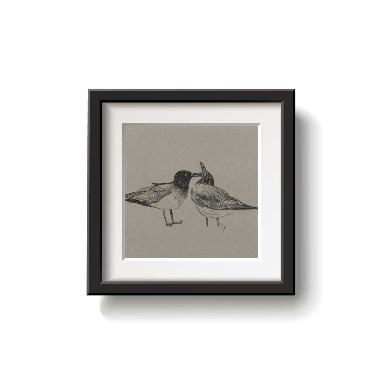 A framed bird drawing on a white background.