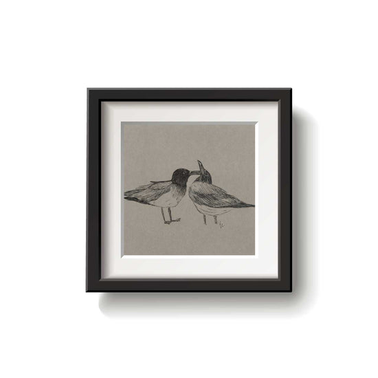 A framed bird drawing on a white background.