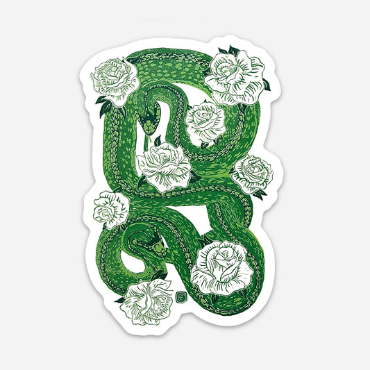 Decorative sticker with two green snakes and white roses on a white background