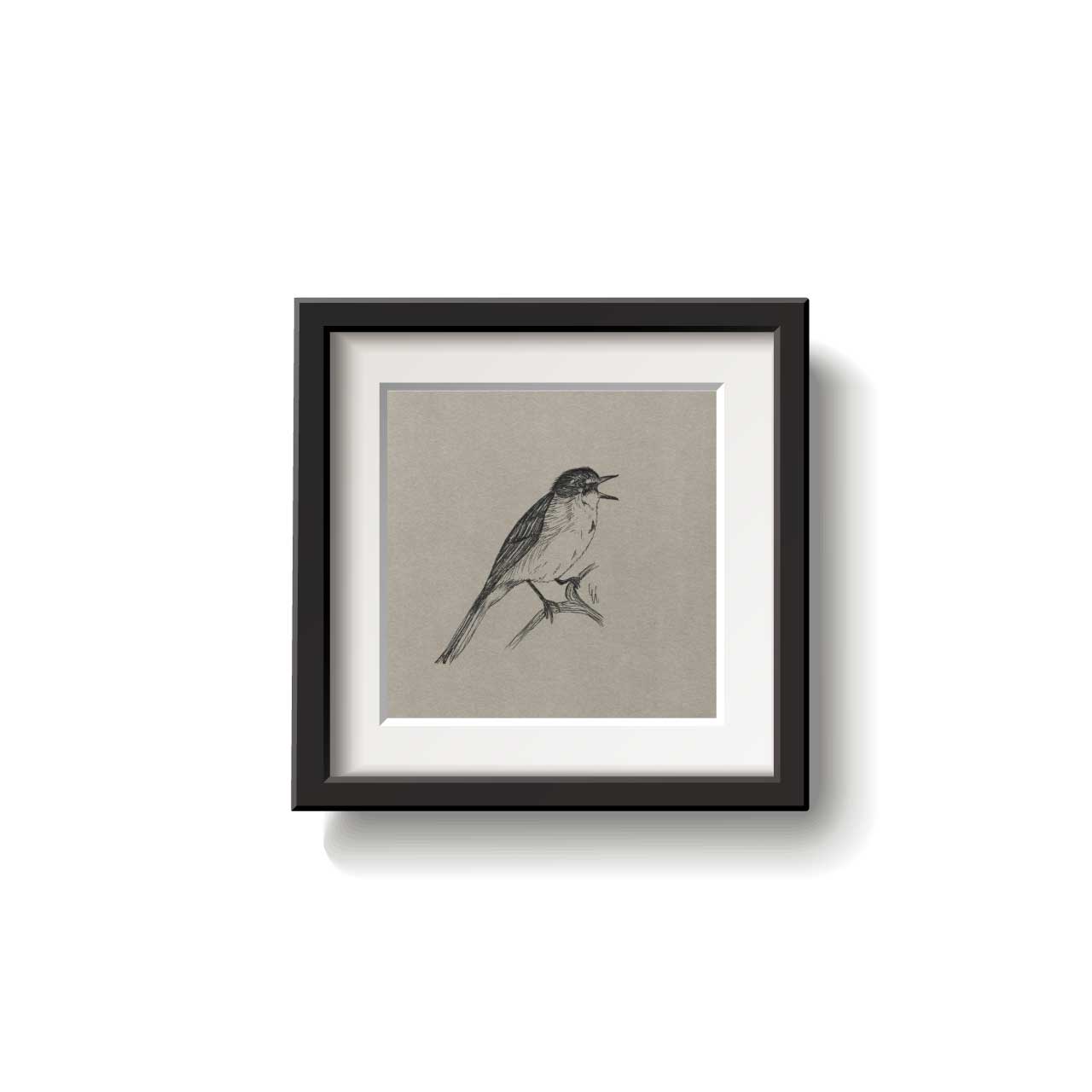 A framed bird drawing on a white background.